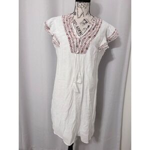 Indigo Rose White Embroidered Gauze Flutter Sleeve Tassel Tie Shift Dress M